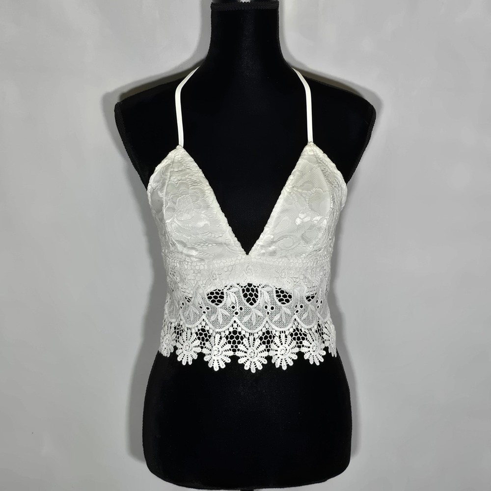 White Floral Lace Halter Crop Top Boho Cottagecore Hippie Fairy Festival Sz M 6